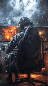Cyber soldier gamer commands fiery battlefield from chair