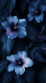 Luminous Blue Hibiscus Flowers Against Black Void.