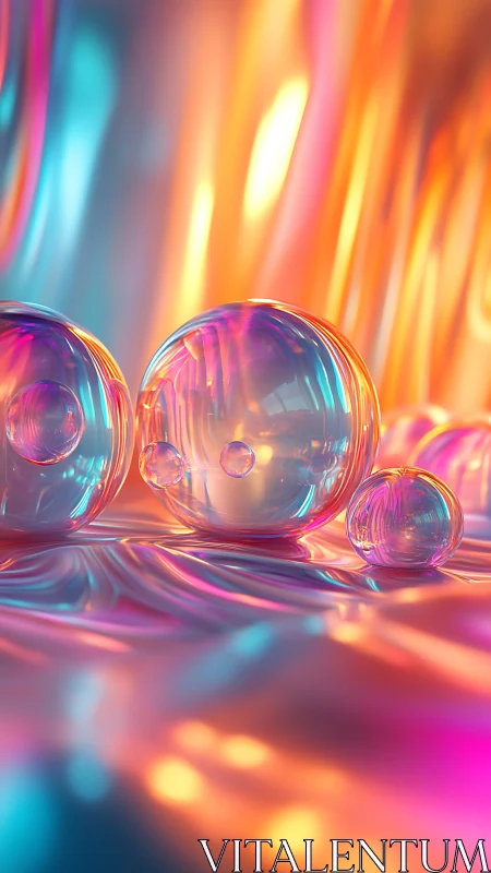 Glowing glass spheres on reflective neon surface at night.