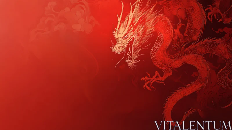 Digital painting of coiled red dragon on atmospheric gradient field.