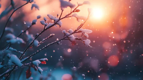 Snowy winter branches glow in warm sunset light.