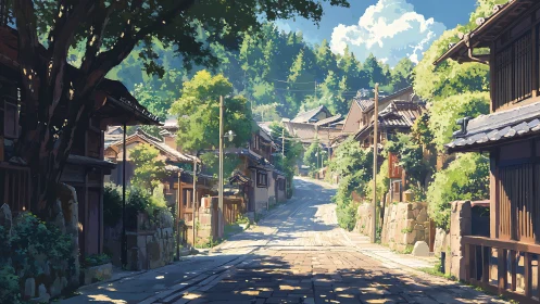 Sunlit hillside village street under towering summer trees.