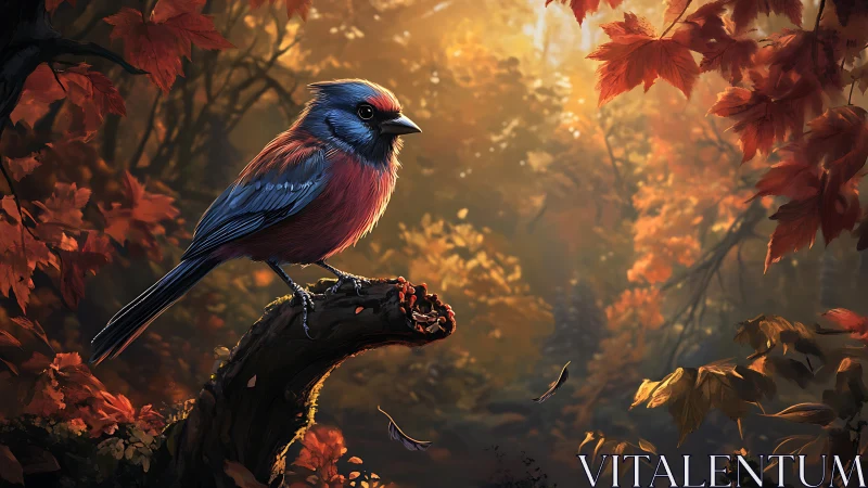Vibrant Blue and Red Songbird in Autumn Forest, Digital Art Style.