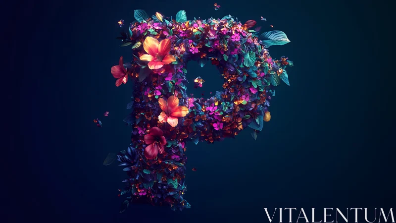 Floral letter P sculpture with luminous petals on dark field.