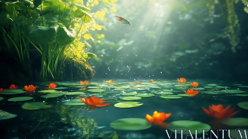 Iridescent fish breaching above lotus pond in volumetric light.