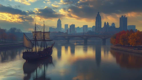 Tall ship gliding toward a misty modern riverside skyline.