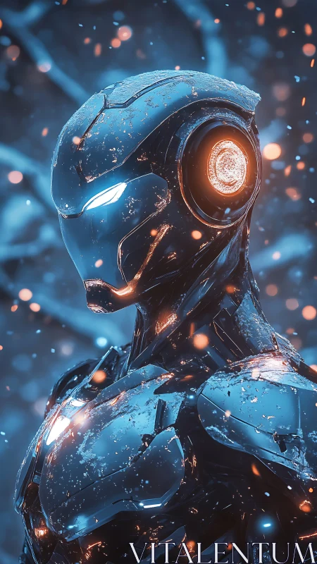 Armored cybernetic humanoid in icy embers, rendered photorealistically