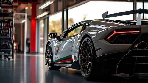 White Lamborghini Huracán in modern indoor garage space.