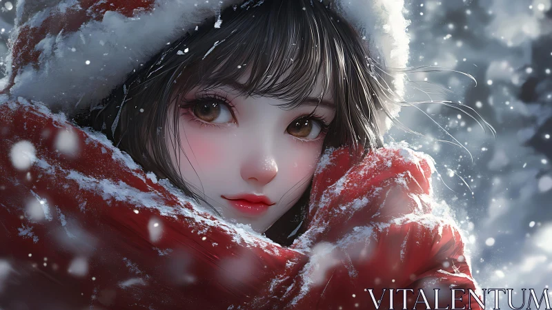 Anime winter portrait in close-up, soft-focus snowfield framing.