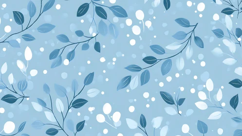 Blue botanical pattern with stylized leaves on soft backdrop.