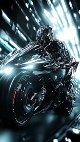 Chrome phantom rider rockets through neon data tunnels.