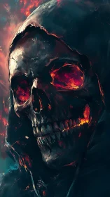 Burning hooded skull rendered in dark digital painting