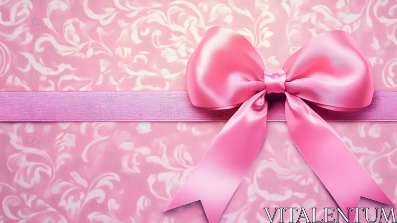 Pink Silk Ribbon Bow on Damask Patterned Gift Wrap. Photorealistic Rendering.