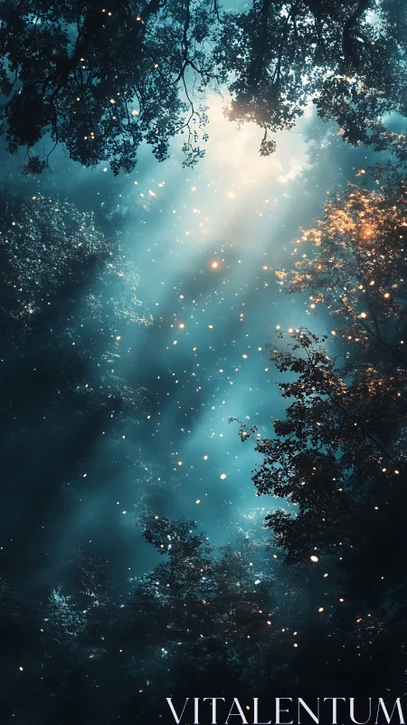 Luminescent Forest Canopy: Twilight Through Trees.