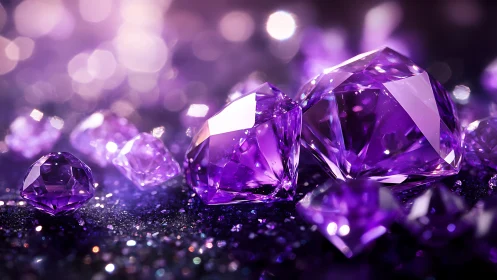 Macro cluster of faceted purple gemstones on glitter ground