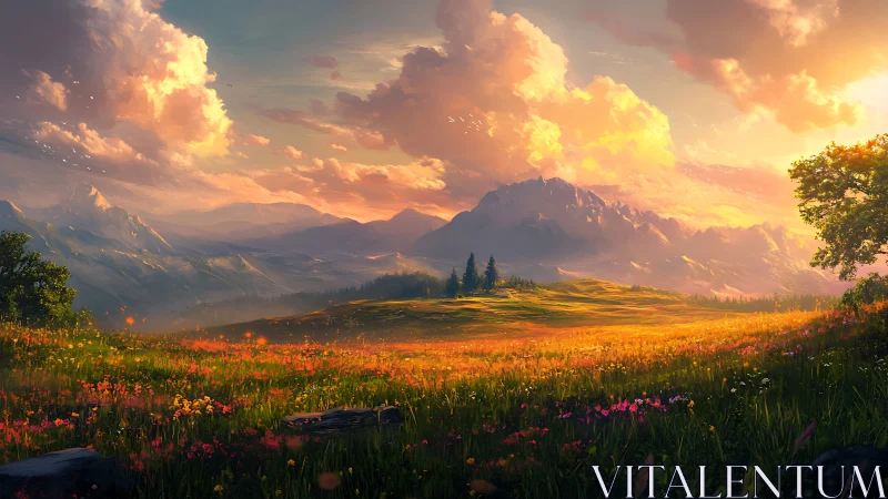 Sunlit wildflower valley dreaming beneath painted mountains.