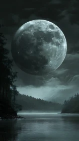 Colossal moon rising over misty forested mountain lake.