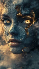 Lava-fissured stone visage reveals molten inner light