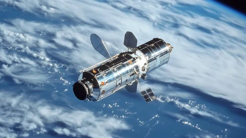 Silver-eyed space telescope drifting above painted Earth clouds.