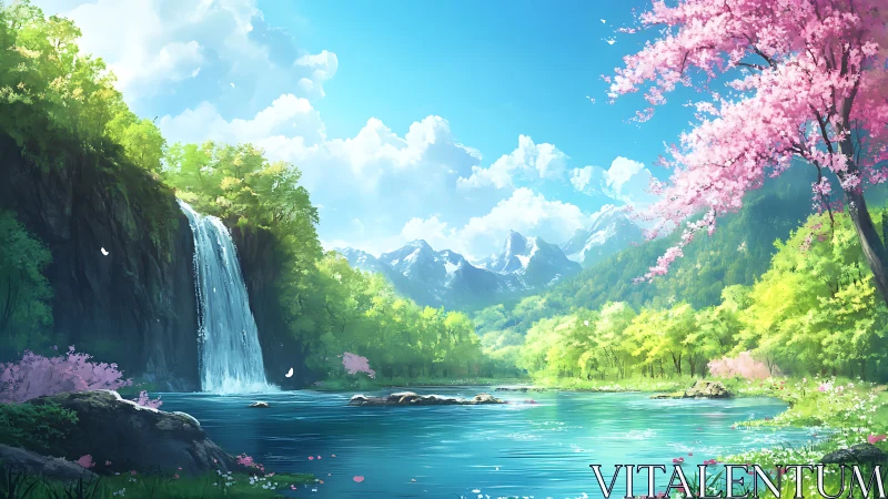 Serene mountain lake with waterfall and spring blossoms.