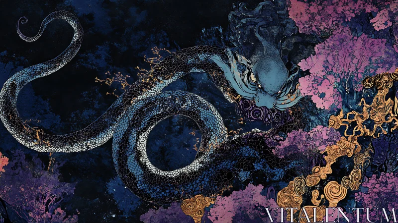 Mythic sea serpent coiled through glowing coral forest.