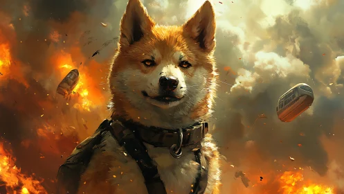 Shiba Inu dog in tactical gear amid burning debris clouds.