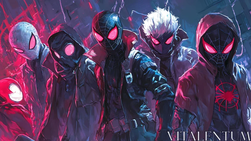 Neon masked heroes gathered in a glowing urban storm.