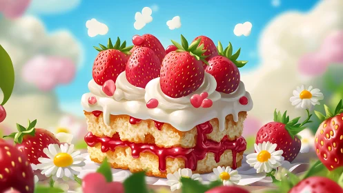 Three-Layer Strawberry Cake with Whipped Cream and Whole Red Berries