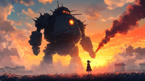 Sunset confrontation with steam-powered war colossus.