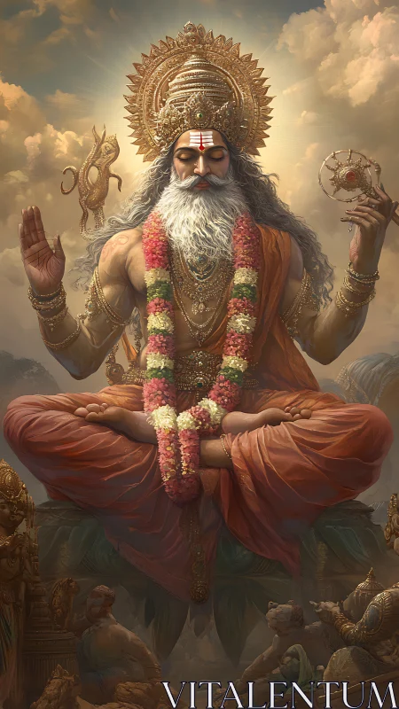 Divine sage in levitating lotus pose with ornate golden crown