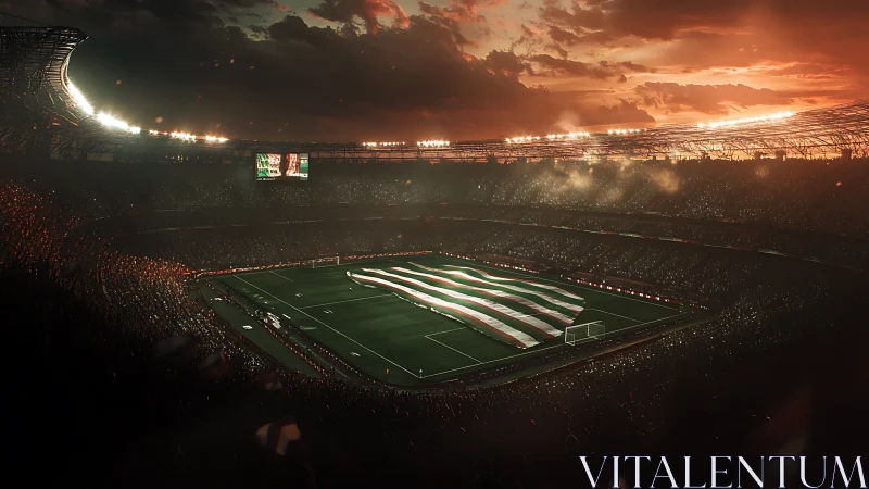 Sunset stadium panorama captures choreographed pitch-wide banner