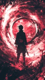 Silhouetted anime swordsman stands before swirling red vortex
