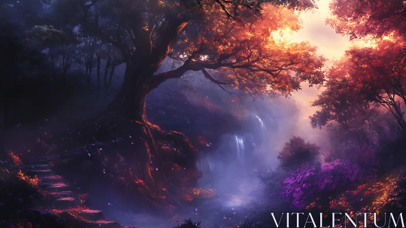 Ethereal Forest Chasm with Luminous Waterfall.