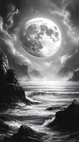 Monochrome seascape under colossal luminous moon.