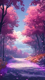 Digitally rendered forest path with luminescent foliage and atmospheric perspective