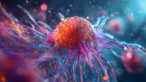 Detailed 3D rendering of a cancer cell in vivid neon colors.