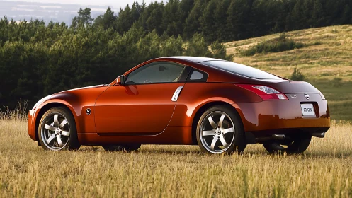 Sunlit orange sports coupe waiting for a peaceful drive.