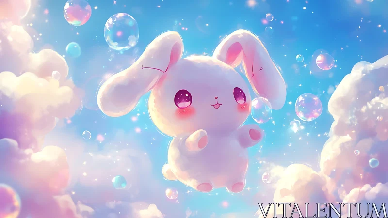 Pastel sky bunny floats among iridescent dream bubbles.