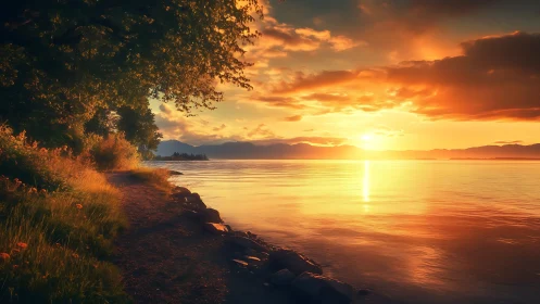 Sunset shoreline glows beside tranquil golden lake waters.