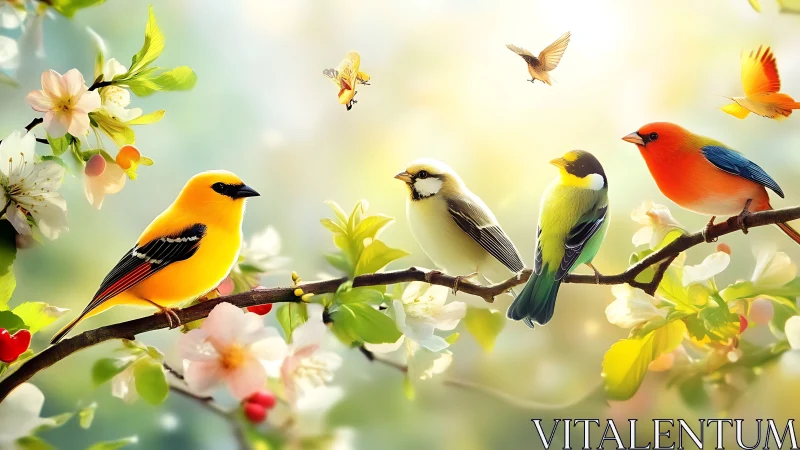 Colorful Songbirds on Blossoming Branch in Soft Spring Light.