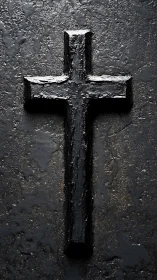 Textured black cruciform relief on reflective coated surface.