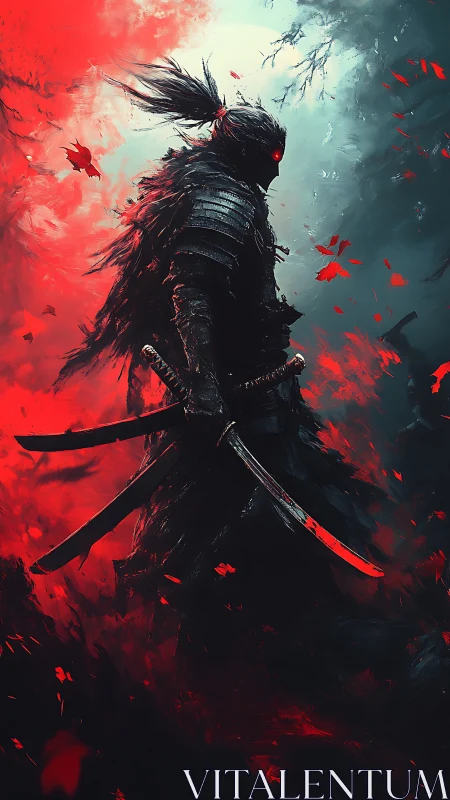 Shadow samurai in red-black armor amid falling crimson leaves.