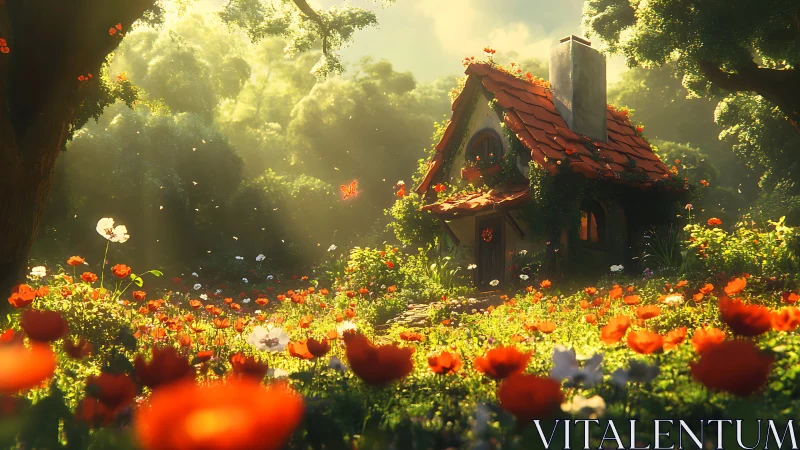 Sunlit flower meadow embracing a cozy storybook cottage.