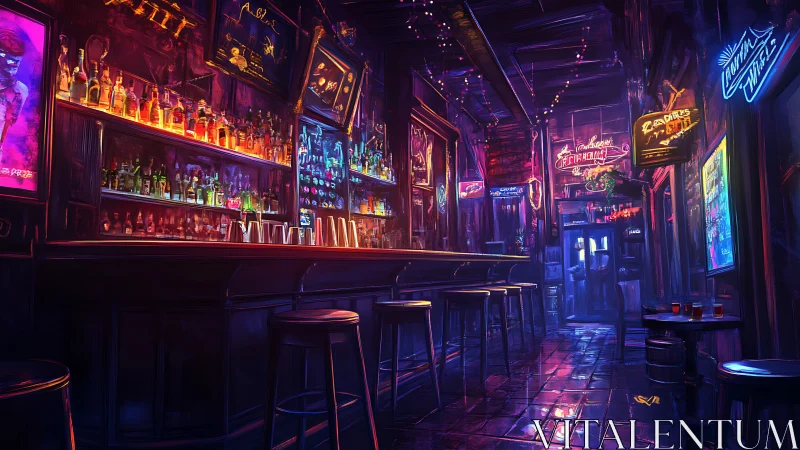 Neon drenched bar glows with cozy late night city energy