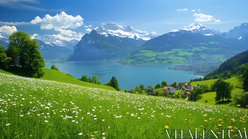 Mountain lake valley stretches beneath wildflower meadows.