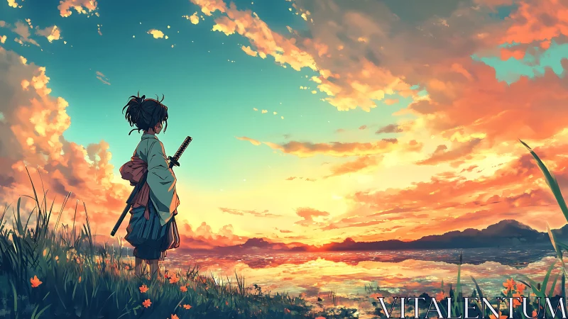 Young wanderer with katana greeting a blazing shore sunset.