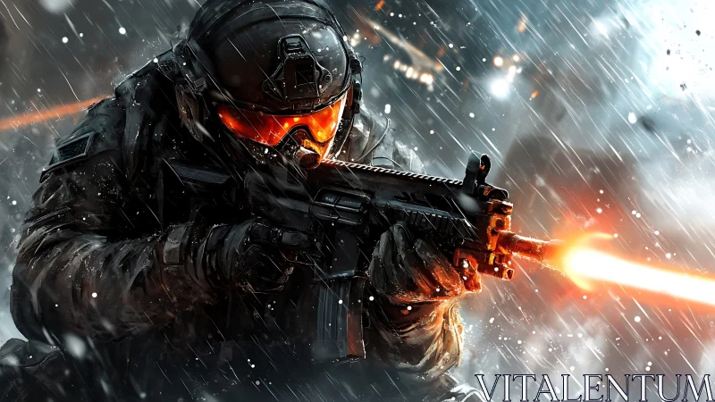 Armored soldier discharges rifle amid heavy rain and muzzle flash