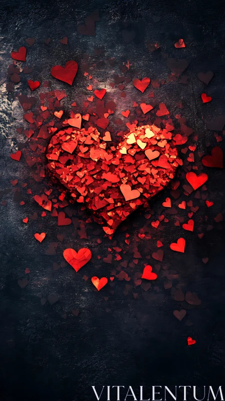 Red Heart Shapes on Dark Textured Background.