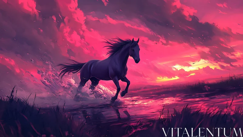 Wild dusk gallop through a glowing crimson dreamscape.