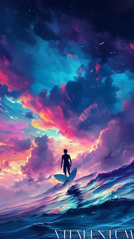 Surfer greets glowing twilight waves under radiant dream skies